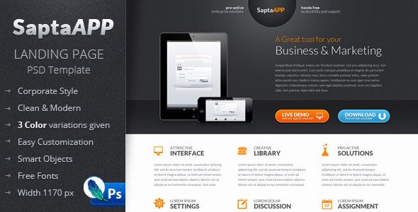 SaptaApp Landing Page Template PSD Corporate