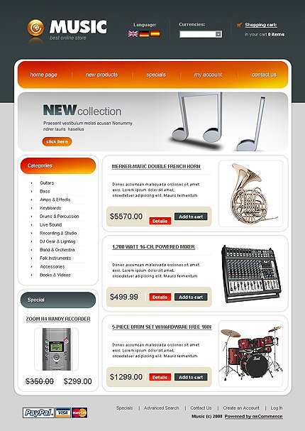 White & Grey Music Store osCommerce Template by Di osCommerce  TMT
