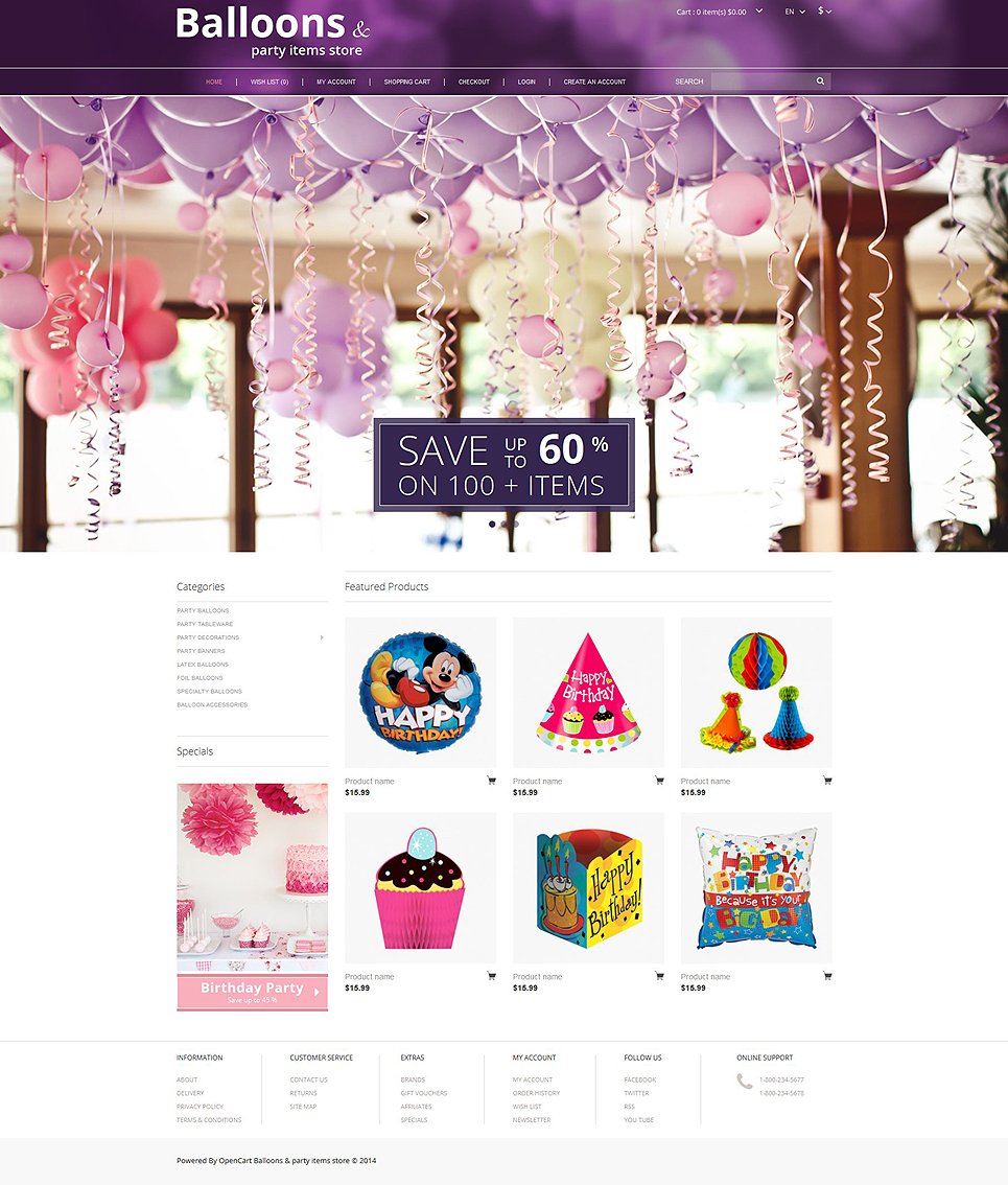 Balloons and Party Stuff OpenCart Template TMT