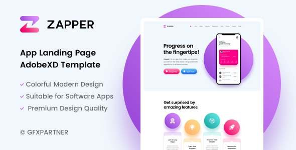 Zapper  App Landing Page Adobe XD Template TFx