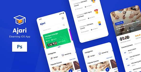 Ajari - E-learning iOS App Design UI Template PSD TFx