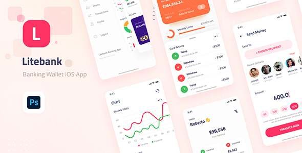 Litebank - Banking Wallet iOS App Design UI PSD Template TFx