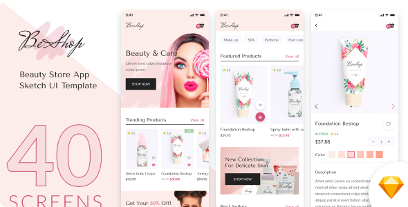 BeShop - Beauty Store App Sketch UI Template TFx