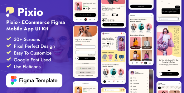 Pixio - eCommerce Fashion Figma Mobile App UI Kit TFx