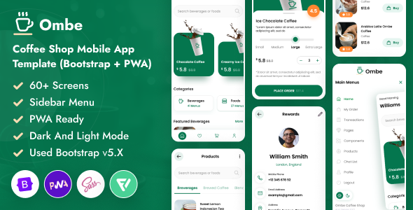 Ombe - Coffee Shop Mobile App Template Bootstrap  PWA TFx