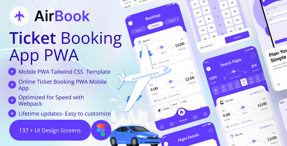 Airbook - Ticket Booking App Mobile Template Tailwind CSS  PWA TFx