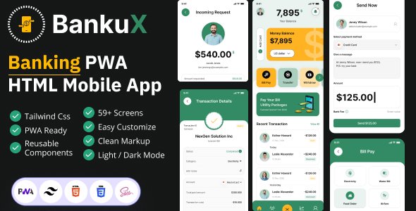 Bankux - Wallet amp Banking PWA HTML Mobile App Template TFx